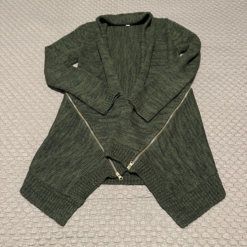 Green Marled Cardigan Sweater with Gold Zippers